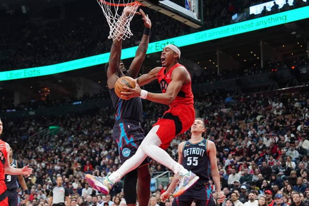 March 15, 2026, Toronto, On, Canada: Toronto Raptors forward Scottie Barnes (4) is fouled by Detroit Pistons centre Jalen Duren (0) as Barnes jumps for the hoop during first half NBA, Basketball Herren, USA basketball action in Toronto on Sunday, March 15, 2026. Canada News - March 15, 2026  - ZUMAc35_ 20260315_zaf_c35_152 Copyright: xFrankxGunnx