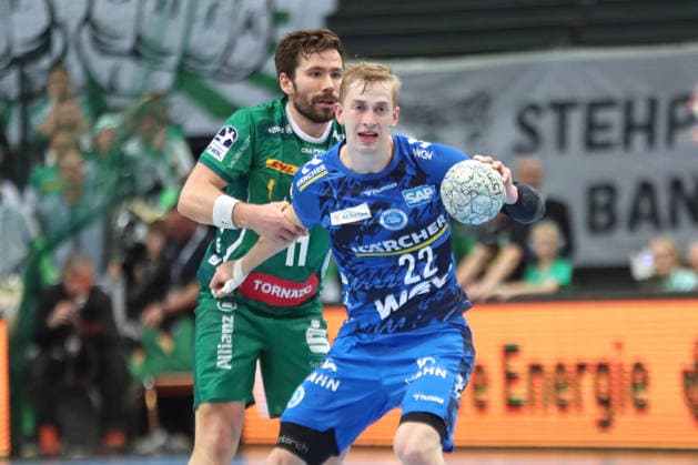 Handball DAIKIN HBL, SC DHfK Leipzig TVB Stuttgart 15 03 2026 Torben Matzken 22, TVB Stuttgart in front of Lukas Binder 11, SC DHfK Leipzig Handball, DAIKIN HBL, 1 Bundesliga, Season 2025 2026, 25 Matchday SC DHfK Leipzig vs TVB Stuttgart on 15 03 2026 at the Quarterback Immobilien Arena Leipzig Copyright: xBEAUTIFULxSPORTS JanxKaeferx
