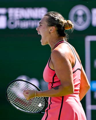 March 15, 2026 Aryna Sabalenka reacts to winning a point against Elena Rybakina of Kazakhstan during their Women s Singles Finals match at the BNP Paribas Open held at the Indian Wells Tennis Garden in Indian Wells, California. Mandatory Photo Credit : CSM Indian Wells United States of America - ZUMAc04_ 20260315_zma_c04_013 Copyright: xCharlesxBausx
