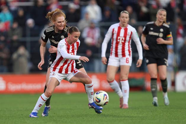 Stine Ballisager Pedersen FC Bayern München and Laura Donhauser 1 FC Köln battle for the ball during the Woman Bundesliga match between 1 FC Köln and Bayern München, Franz Kremer Stadion on March 15 in Cologne, Germany, Germany Photo by Oliver Kaelke DeFodi Images Stine Ballisager Pedersen FC Bayern München and Laura Donhauser 1 FC Köln battle for the ball during the Woman Bundesliga match between 1 FC Köln and Bayern München at Franz Kremer Stadion on March 15, 2026 in Cologne, Germany Photo by Oliver Kaelke DeFodi Images DFL regulations prohibit any use of photographs as image sequences and or quasi video Photo by Oliver Kaelke DeFodi Images
