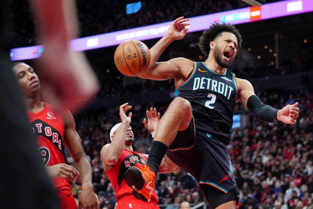 March 15, 2026, Toronto, On, CANADA: Detroit Pistons guard Cade Cunningham (2) celebrates his slam dunk during second half NBA, Basketball Herren, USA basketball action against the Toronto Raptors, in Toronto, Sunday, March 15, 2026. Detroit Pistons At Toronto Raptors  - ZUMAc35_ 20260315_zaf_c35_171 Copyright: xFrankxGunnx
