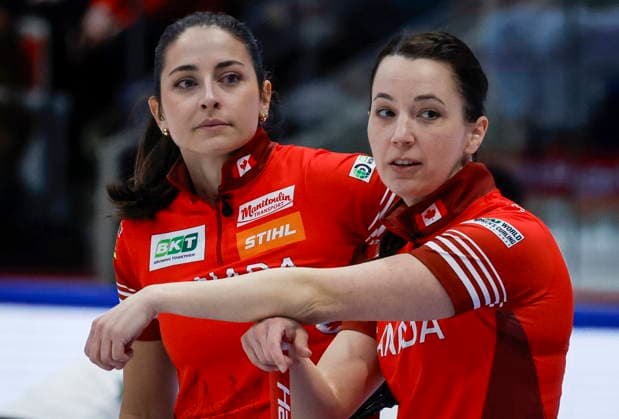 March 15, 2026, Calgary, Ab, CANADA: Team Canada second Shannon Birchard, left, and third Val Sweeting take a break while playing China at the World Women™s Curling Championship in Calgary, Sunday, March 15, 2026. Shannon Birchard, Val Sweeting  - ZUMAc35_ 20260315_zaf_c35_188 Copyright: xJeffxMcintoshx