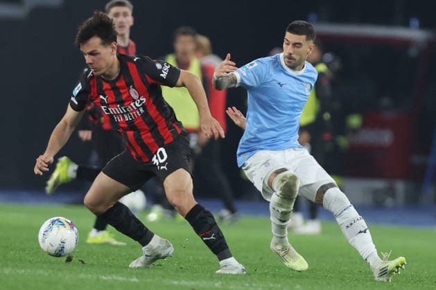 CALCIO - Serie A - SS Lazio vs AC Milan Rome, Italy - March 15, 2026: Ardon Jashari (midfielder) of AC Milan, Mattia Zaccagni (attacking midfielder) of SS Lazio seen in action during the Serie A Enilive 2025-2026 football match between S.S. Lazio vs A.C. Milan at Olympic Stadium. Rome Italy  Copyright: xIPAxSport ABACAx