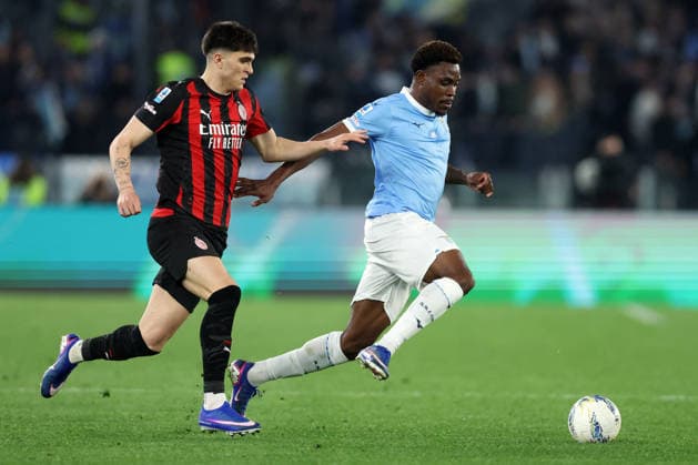 CALCIO - Serie A - SS Lazio vs AC Milan Rome, Italy - March 15, 2026: Davide Bartesaghi (defender) of AC Milan, Fisayo Dele-Bashiru (central midfielder) of SS Lazio seen in action during the Serie A Enilive 2025-2026 football match between S.S. Lazio vs A.C. Milan at Olympic Stadium. Rome Italy  Copyright: xIPAxSport ABACAx