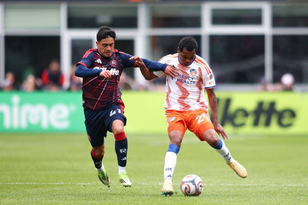 March 15, 2026; Foxborough, Massachusetts, USA; New England Revolution forward Luca Langoni (41) tries to push FC Cincinnati forward Bryan Ramirez (29) off the ball in a Major League Soccer game between the New England Revolution and FC Cincinnati at Gillette Stadium. (c) CSM - ZUMAc04_ 20260315_zma_c04_047 Copyright: xBurtxGranofskyx