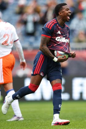 March 15, 2026; Foxborough, Massachusetts, USA; New England Revolution defender Brayan Ceballos (3) celebrates his second goal in a Major League Soccer game between the New England Revolution and FC Cincinnati at Gillette Stadium. (c) CSM - ZUMAc04_ 20260315_zma_c04_059 Copyright: xBurtxGranofskyx