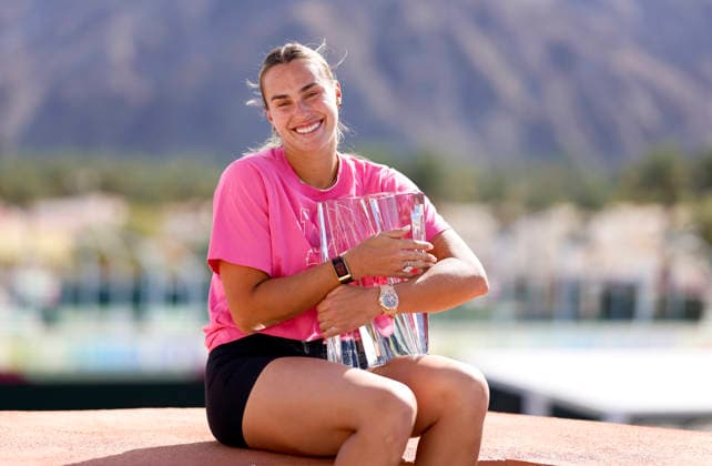 March 15, 2026 Aryna Sabalenka poses with the championship trophy after defeating Elena Rybakina of Kazakhstan during their Women s Singles Finals match at the BNP Paribas Open held at the Indian Wells Tennis Garden in Indian Wells, California. Mandatory Photo Credit : CSM Indian Wells United States of America - ZUMAc04_ 20260315_zma_c04_071 Copyright: xCharlesxBausx