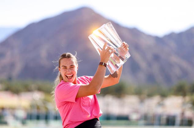 March 15, 2026 Aryna Sabalenka poses with the championship trophy after defeating Elena Rybakina of Kazakhstan during their Women s Singles Finals match at the BNP Paribas Open held at the Indian Wells Tennis Garden in Indian Wells, California. Mandatory Photo Credit : CSM Indian Wells United States of America - ZUMAc04_ 20260315_zma_c04_073 Copyright: xCharlesxBausx