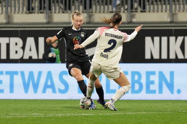 15 03 2026, xgrfx, Soccer Google Pixel Women Bundesliga, VfL Wolfsburg Bayer Leverkusen v l Ella Peddemors VfL Wolfsburg , Selina Ostermeier Bayer Leverkusen DFL DFB REGULATIONS PROHIBIT ANY USE OF PHOTOGRAPHS as IMAGE SEQUENCES and or QUASI VIDEO Wolfsburg