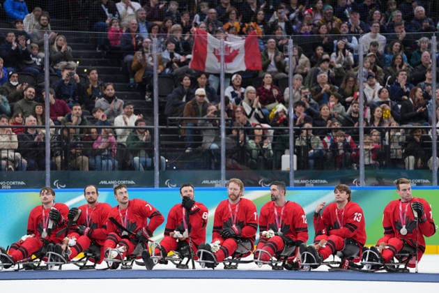 (260316) -- MILAN, March 16, 2026 -- Team Canada react on the awarding ceremony after the Para Ice hockey, Eishockey final match between the United States and Canada at the Milan-Cortina 2026 Paralympic Winter games, Winterspiele,Spiele, Summer games in Milan, Italy, March 15, 2026. ) (SP)ITALY-MILAN-CORTINA 2026-PARALYMPIC WINTER GAMES-PARA ICE HOCKEY-USA VS CANADA LixJing 