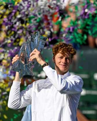 March 15, 2026 Jannik Sinner of Italy hoists the championship trophy after defeating Daniil Medvedev during their Men s Singles Finals match at the BNP Paribas Open held at the Indian Wells Tennis Garden in Indian Wells, California. Mandatory Photo Credit : CSM Tennis 2026: BNP Paribas Open MAR 15  - ZUMAc04_ 20260315_zma_c04_088 Copyright: xCharlesxBausx