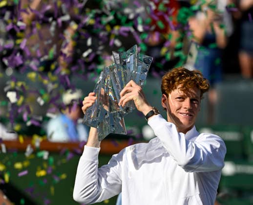 March 15, 2026 Jannik Sinner of Italy hoists the championship trophy after defeating Daniil Medvedev during their Men s Singles Finals match at the BNP Paribas Open held at the Indian Wells Tennis Garden in Indian Wells, California. Mandatory Photo Credit : CSM Tennis 2026: BNP Paribas Open MAR 15  - ZUMAc04_ 20260315_zma_c04_092 Copyright: xCharlesxBausx