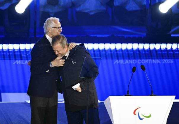 Milan Cortina Paralympics: Closing ceremony International Paralympic Committee President Andrew Parsons (R) hugs Milan Cortina Olympic and Paralympic games organizing committee president Giovanni Malago during the closing ceremony of the Milan Cortina Paralympics at Cortina Curling Olympic Stadium on March 15, 2026, in Cortina d Ampezzo, Italy.  A14AA0005389318P