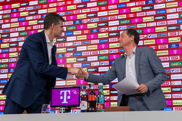 SOCCER - OEFB, PK, squad nomination VIENNA,AUSTRIA,16.MAR.26 - SOCCER - OEFB, Oesterreichischer Fussball-Bund, preview, press conference, PK, Pressekonferenz squad nomination. Image shows managing director Bernhard Neuhold (OEFB) and Werner Kraus (Magenta).  GEPAxpictures xPhilippxBrem