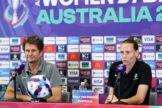 PERTH, AUSTRALIA - MARCH 16: Joseph Montemurro (L), head coach of Team Australia, and player Emily Van-Egmond attend a press conference, PK, Pressekonferenz before the AFC Women s Asian Cup Australia 2026 Semifinal game between China and Australia on March 16, 2026 in Perth, Australia.  Copyright: xWuxZhizhaox 111628558841