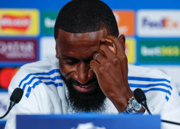 Antonio Rudiger of Real Madrid speaks with the press during the press conference, PK, Pressekonferenz training at the Academy Stadium, Manchester. Picture date: 16th March 2026. Picture credit should read: Cody Froggatt Sportimage EDITORIAL USE ONLY. No use with unauthorised audio, video, data, fixture lists, club league logos or live services. Online in-match use limited to 120 images, no video emulation. No use in betting, games or single club league player publications. SPI_003_CF_REAL_MADRID_PRESS SPI-4608-0003
