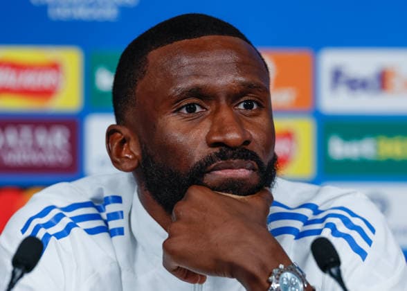 Antonio Rudiger of Real Madrid speaks with the press during the press conference, PK, Pressekonferenz training at the Academy Stadium, Manchester. Picture date: 16th March 2026. Picture credit should read: Cody Froggatt Sportimage EDITORIAL USE ONLY. No use with unauthorised audio, video, data, fixture lists, club league logos or live services. Online in-match use limited to 120 images, no video emulation. No use in betting, games or single club league player publications. SPI_005_CF_REAL_MADRID_PRESS SPI-4608-0005