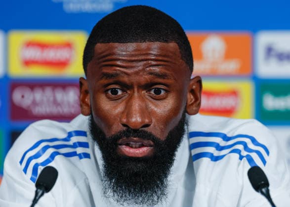 Antonio Rudiger of Real Madrid speaks with the press during the press conference, PK, Pressekonferenz training at the Academy Stadium, Manchester. Picture date: 16th March 2026. Picture credit should read: Cody Froggatt Sportimage EDITORIAL USE ONLY. No use with unauthorised audio, video, data, fixture lists, club league logos or live services. Online in-match use limited to 120 images, no video emulation. No use in betting, games or single club league player publications. SPI_007_CF_REAL_MADRID_PRESS SPI-4608-0007