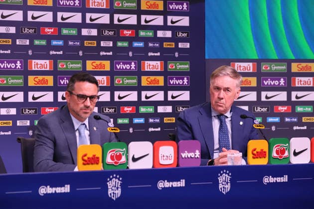 Brazilian national team, Nationalteam squad announcement for friendlies against France and Croatia. Director of National Teams of the Brazilian Football Confederation - CBF, and Carlo Ancelotti, Coach of the Men s National Football Team, during the announcement of the squad for the friendlies against France and Croatia, at the headquarters of the Brazilian Football Confederation - CBF, in Barra da Tijuca, west of the city, this Monday, 16 RIO DE JANEIRO Barra da Tijuca RIO DE JANEIRO BRAZIL Copyright: xCHARLESxSHOLLx