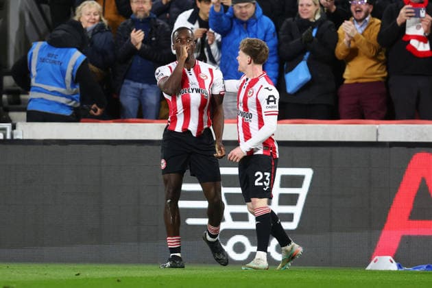London, England, 16th March 2026. Michael Kayode of Brentford celebrates after scoring to make it 1-1 during the Brentford vs Wolverhampton Wanderers Premier League match at Gtech Community Stadium, London. Picture credit should read: Paul Terry Sportimage EDITORIAL USE ONLY. No use with unauthorised audio, video, data, fixture lists, club league logos or live services. Online in-match use limited to 120 images, no video emulation. No use in betting, games or single club league player publications. SPI_014_PT_Brentford_Wolves SPI-4606-0014