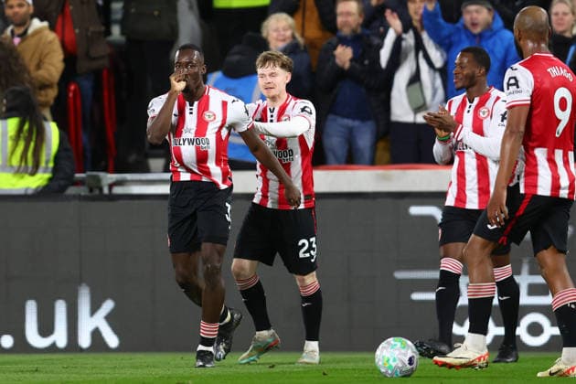 London, England, 16th March 2026. Michael Kayode of Brentford celebrates after scoring to make it 1-1 during the Brentford vs Wolverhampton Wanderers Premier League match at Gtech Community Stadium, London. Picture credit should read: Paul Terry Sportimage EDITORIAL USE ONLY. No use with unauthorised audio, video, data, fixture lists, club league logos or live services. Online in-match use limited to 120 images, no video emulation. No use in betting, games or single club league player publications. SPI_015_PT_Brentford_Wolves SPI-4606-0015