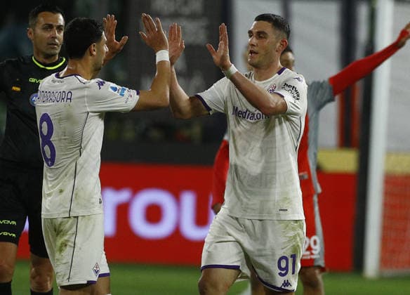 Fiorentina Roberto Piccoli esultanza. goal 0 -2. during the Serie A soccer match between Cremonese and Fiorentina. at the Giovanni Zini in Cremona, north west Italy - Lunedi , 16 Marzo 2026. - Soccer .  Copyright: xAlbertoxMariani LaPressex