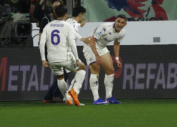 Fiorentina Roberto Piccoli esultanza. goal 0 -2. during the Serie A soccer match between Cremonese and Fiorentina. at the Giovanni Zini in Cremona, north west Italy - Lunedi , 16 Marzo 2026. - Soccer .  Copyright: xAlbertoxMariani LaPressex