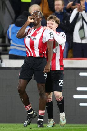 London, England, 16th March 2026. Michael Kayode of Brentford celebrates after scoring to make it 1-0 during the Brentford vs Wolverhampton Wanderers Premier League match at Gtech Community Stadium, London. Picture credit should read: Paul Terry Sportimage EDITORIAL USE ONLY. No use with unauthorised audio, video, data, fixture lists, club league logos or live services. Online in-match use limited to 120 images, no video emulation. No use in betting, games or single club league player publications. SPI_020_PT_Brentford_Wolves SPI-4606-0020