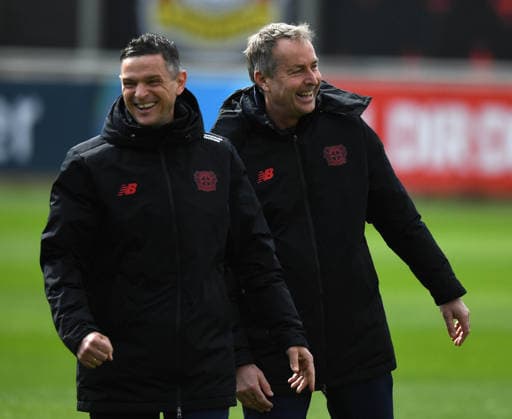 16 03 2026, xophax, Football , UEFA Champions League , 2025 2026 , Bayer Leverkusen training before the second leg against Arsenal London Coach Kasper Hjulmand , right Bayer 04 Leverkusen and co-coach Rogier Meuer , left Bayer 04 Leverkusen