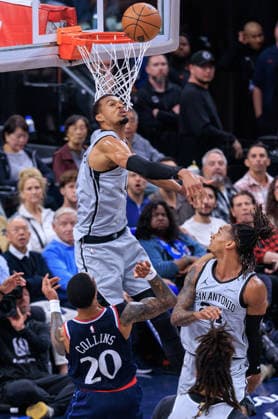 March 16, 2026, Inglewood, California, USA: Victor Wembanyama 1 of the San Antonio Spurs blocks a shot by John Collins 20 of the LA Clippers during a regular season NBA, Basketball Herren, USA game on Monday March 16, 2026 at Intuit Dome Arena in Inglewood, California. JAVIER ROJAS PI Inglewood USA - ZUMAp124 20260316_zaa_p124_007 Copyright: xJavierxRojasx