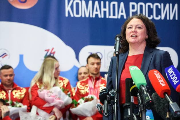 RUSSIA, MOSCOW - MARCH 17, 2026: President of the Russian Blind Sports Federation, three-time Paralympic champion Olga Semyonova takes part in a welcoming ceremony for Russian athletes returning home after the 2026 Winter Paralympic Games, at Moscow’s Vnukovo International Airport. The Russian team scored third in the overall medal standings, bringing home the total of 12 medals (8 gold, 1 silver and 3 bronze). Yevgeny Messman TASS  90153809