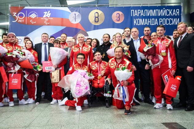 RUSSIA, MOSCOW - MARCH 17, 2026: A welcoming ceremony for Russian athletes returning home after the 2026 Winter Paralympic Games, at Moscow™s Vnukovo International Airport. The Russian team scored third in the overall medal standings, bringing home the total of 12 medals (8 gold, 1 silver and 3 bronze) Russian Athletes Welcomed At Vnukovo Airport After 2026 Winter Paralympics  - ZUMAt113 20260317_zaa_t113_007 Copyright: xYevgenyxMessmanx