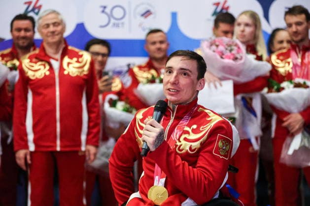 RUSSIA, MOSCOW - MARCH 17, 2026: Para cross-country skier Ivan Golubkov is seen during a welcoming ceremony for Russian athletes returning home after the 2026 Winter Paralympic Games, at Moscow™s Vnukovo International Airport. The Russian team scored third in the overall medal standings, bringing home the total of 12 medals (8 gold, 1 silver and 3 bronze) Russian Athletes Welcomed At Vnukovo Airport After 2026 Winter Paralympics  - ZUMAt113 20260317_zaa_t113_021 Copyright: xYevgenyxMessmanx
