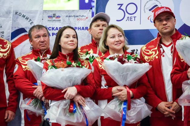 RUSSIA, MOSCOW - MARCH 17, 2026: A welcoming ceremony for Russian athletes returning home after the 2026 Winter Paralympic Games, at Moscow’s Vnukovo International Airport. The Russian team scored third in the overall medal standings, bringing home the total of 12 medals (8 gold, 1 silver and 3 bronze). Yevgeny Messman TASS  90153228