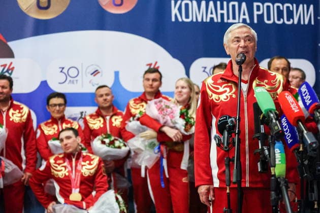 RUSSIA, MOSCOW - MARCH 17, 2026: President of the Russian Paralympic Committee Pavel Rozhkov is seen during a welcoming ceremony for Russian athletes returning home after the 2026 Winter Paralympic Games, at Moscow™s Vnukovo International Airport. The Russian team scored third in the overall medal standings, bringing home the total of 12 medals (8 gold, 1 silver and 3 bronze) Russian Athletes Welcomed At Vnukovo Airport After 2026 Winter Paralympics  - ZUMAt113 20260317_zaa_t113_041 Copyright: xYevgenyxMessmanx