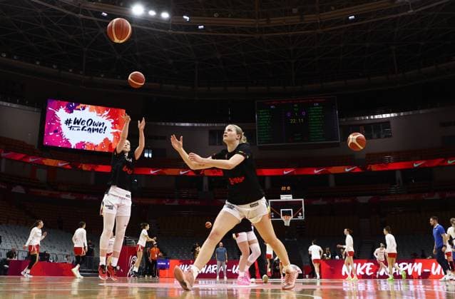 Belgium s Becky Massey pictured in action during the warming-up for a basket game between Belgium s national team, Nationalteam Belgian Cats and Czech Republic, in Wuhan, China, on Tuesday 17 March 2026, the fifth game (out of 5) of the qualifications phase for the World Cup Basket tournament. NIKOLAxKRSTIC  x167810972x