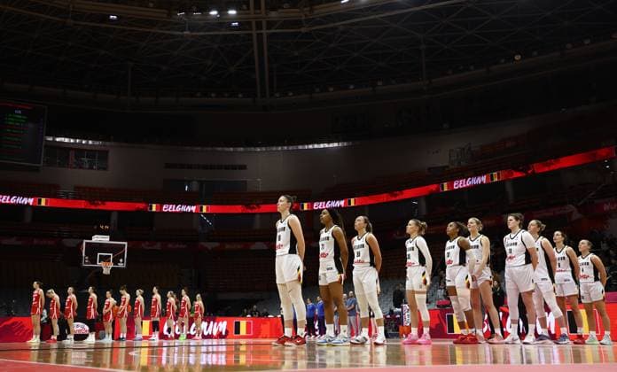 Belgian Cats players pictured at the start of a basket game between Belgium s national team, Nationalteam Belgian Cats and Czech Republic, in Wuhan, China, on Tuesday 17 March 2026, the fifth game (out of 5) of the qualifications phase for the World Cup Basket tournament. NIKOLAxKRSTIC  x167811456x