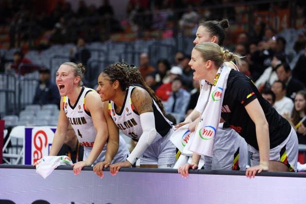 Belgian Cats players celebrate during a basket game between Belgium s national team, Nationalteam Belgian Cats and Czech Republic, in Wuhan, China, on Tuesday 17 March 2026, the fifth game (out of 5) of the qualifications phase for the World Cup Basket tournament. NIKOLAxKRSTIC  x167812843x