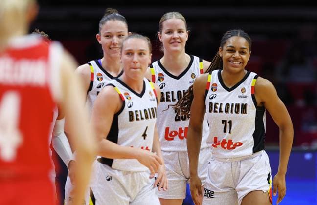 Belgium s Elise Ramette, Belgium s Ine Joris, Belgium s Becky Massey and Belgium s Alicia Courthiau pictured during a basket game between Belgium s national team, Nationalteam Belgian Cats and Czech Republic, in Wuhan, China, on Tuesday 17 March 2026, the fifth game (out of 5) of the qualifications phase for the World Cup Basket tournament. NIKOLAxKRSTIC  x167816838x