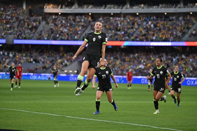 SOCCER ASIAN CUP WOMEN MATILDAS CHINA, Caitlin Foord of Australia celebrates after scoring a goal during the AFC Women s Asian Cup Semi Final 1 match between Australia and China at Optus Stadium in Perth, Tuesday, March 17, 2026. ( NO ARCHIVING, EDITORIAL USE ONLY Perth Western Australia Australia  Copyright: xDeanxLewinsx 20260317115707282750
