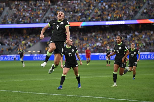 SOCCER ASIAN CUP WOMEN MATILDAS CHINA, Caitlin Foord of Australia celebrates after scoring a goal during the AFC Women s Asian Cup Semi Final 1 match between Australia and China at Optus Stadium in Perth, Tuesday, March 17, 2026. ( NO ARCHIVING, EDITORIAL USE ONLY Perth Western Australia Australia  Copyright: xDeanxLewinsx 20260317140403424660