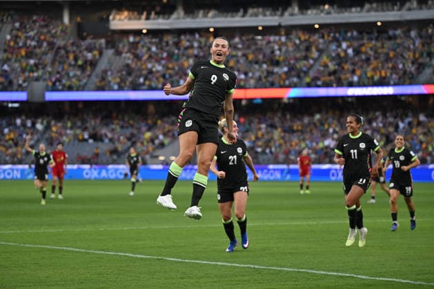 SOCCER ASIAN CUP WOMEN MATILDAS CHINA, Caitlin Foord of Australia celebrates after scoring a goal during the AFC Women s Asian Cup Semi Final 1 match between Australia and China at Optus Stadium in Perth, Tuesday, March 17, 2026. ( NO ARCHIVING, EDITORIAL USE ONLY Perth Western Australia Australia  Copyright: xDeanxLewinsx 20260317147323476365