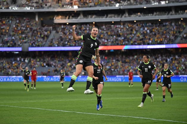 SOCCER ASIAN CUP WOMEN MATILDAS CHINA, Caitlin Foord of Australia celebrates after scoring a goal during the AFC Women s Asian Cup Semi Final 1 match between Australia and China at Optus Stadium in Perth, Tuesday, March 17, 2026. ( NO ARCHIVING, EDITORIAL USE ONLY Perth Western Australia Australia  Copyright: xDeanxLewinsx 20260317196360592866