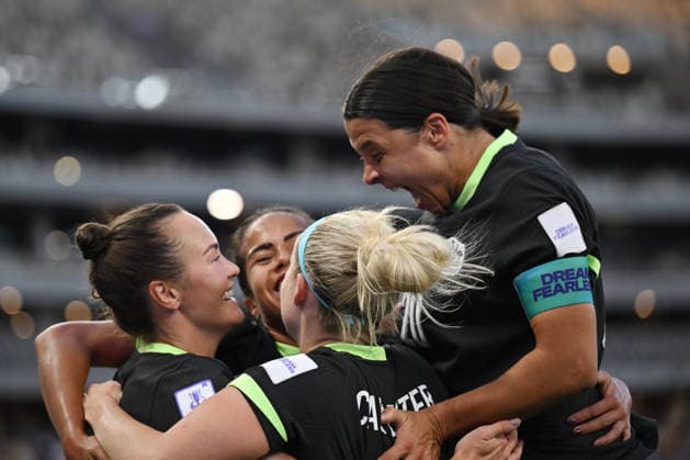 SOCCER ASIAN CUP WOMEN MATILDAS CHINA, Samantha Kerr of Australia celebrates Caitlin Foord ™s goal along with Mary Fowler and Ellie Carpenter during the AFC Women s Asian Cup Semi Final 1 match between Australia and China at Optus Stadium in Perth, Tuesday, March 17, 2026. ( NO ARCHIVING, EDITORIAL USE ONLY Perth Western Australia Australia  Copyright: xDeanxLewinsx 20260317153584750603