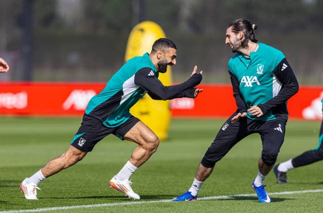 Football - UEFA Champions League - Round of 16 - 2nd Leg - Liverpool FC v Galatasaray A.Åž. - MD-1 LIVERPOOL, ENGLAND - Tuesday, March 17, 2026: Liverpool s Mohamed Salah (L) and Dominik Szoboszlai during a training session at the AXA Training Centre ahead of the UEFA Champions League Round of 16 2nd Leg match between Liverpool FC and Galatasaray A.Åž. (Photo by David Rawcliffe Propaganda) LIVERPOOL AXA Training Centre MERSEYSIDE ENGLAND  Copyright: xDavidxRawcliffex P2026-03-17-Liverpool_Galatasaray_MD-1-13