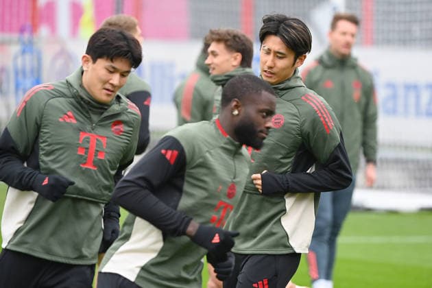 v re Hiroki ITO Bayern Muenchen , Dayot UPAMECANO Bayern Muenchen , Minjae KIM FC Bayern Muenchen , Final training on 17 03 2026 Football Champions League,Season 2025 26, Round of 16 FC Bayern Muenchen Atalanta Bergamo on 18 03 2026