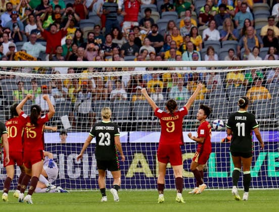 (260317) -- PERTH, March 17, 2026 -- Zhang Linyan (2nd R) of China celebrates after scoring a penalty during the semifinal of Women s Asian Cup between China and Australia at Perth Stadium in Perth, Australia, March 17, 2026. (Photo by Xinhua) (SP)AUSTRALIA-PERTH-FOOTBALL-WOMEN S ASIAN CUP-SEMIFINAL-CHN VS AUS ZhouxDan 