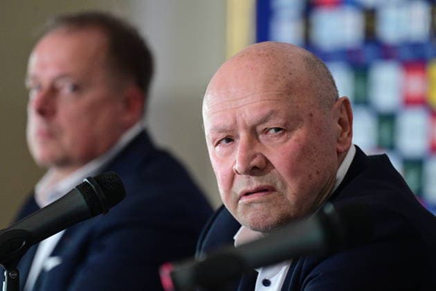 From left president of the Football Association of the Czech Republic (FACR) David Trunda and Czech head coach Miroslav Koubek speak during the press conference, PK, Pressekonferenz to announce Czech national football team s roster for World Cup qualifying playoff matches in Prague, Czech Republic, March 17, 2026. (CTKxPhoto MichalxKamaryt) CTKPhotoP2026031705229  CTKPhotoP2026031705229