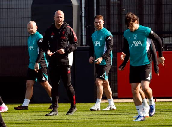 17th March 2026; AXA Training Centre, Liverpool, Merseyside, England; UEFA Champions League Football; Liverpool versus Galatasaray; Open Training; Liverpool manager Arne Slot  AlanxMartin Content restricted for UK based newspaper