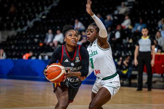 Basketball Villeurbanne 17 03 2026 Wommen™s Basketball World Cup 2026 Qualifying Tournament Nigeria NIG Germany GER Alexis Peterson Germany, No 01 Sarah Ogoke Nigeria, No 07